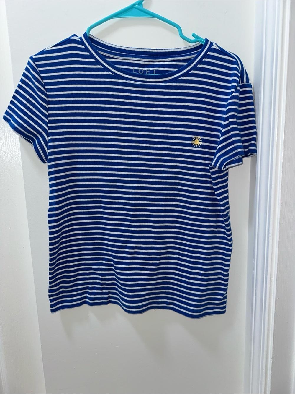 LOFT Blue and White Striped Short Sleeve Tee with Sun Motif